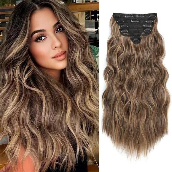 6PCS Long Wavy Curly Clip on Hair Extensions Honey Blonde Mixed Light Brown